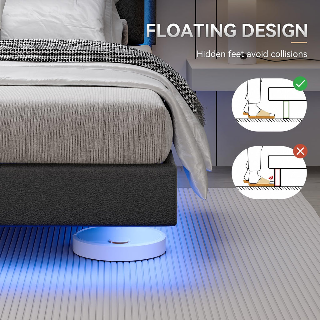 Full Size Floating Bed Frame with LED Lights, Upholstered Platform Bed with Headboard, 11 in Storage Clearance, Solid