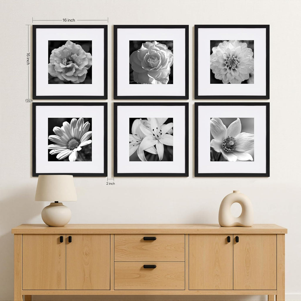 16x16 Picture Frame Set of 6, Display 12x12 with Mat | Gallery Wall Decor, Sturdy & Lightweight, Clear Acrylic, No