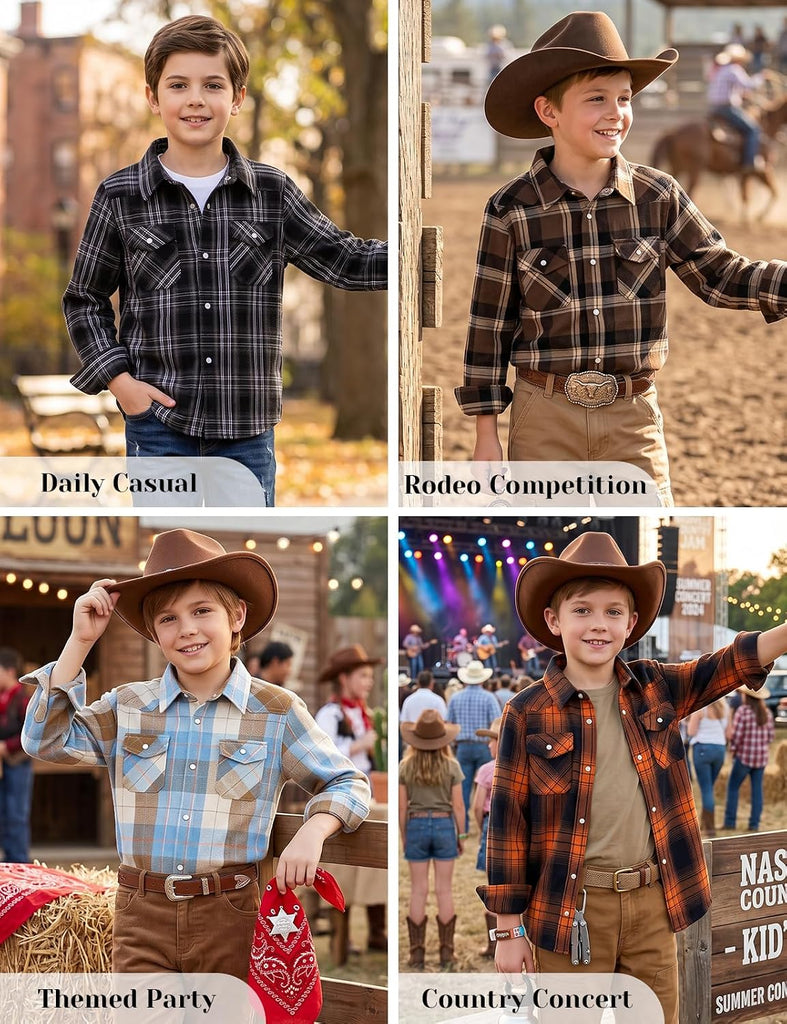 Boys Western Pearl Snap Flannel Plaid Button Down Shirts