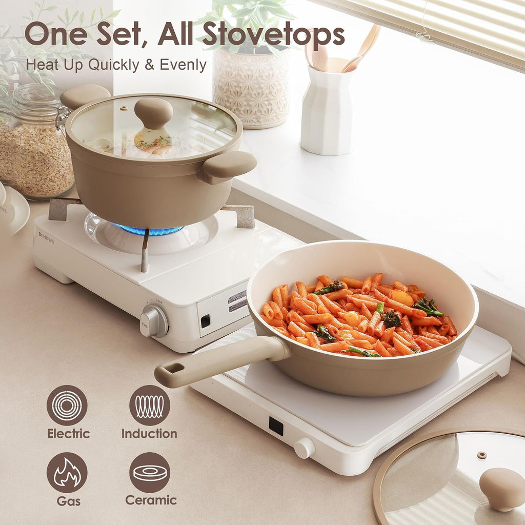Ceramic Nonstick Pots and Pans Set 17pcs Taupe | Healthy nontoxic ceramic coating, compatible with all stoves