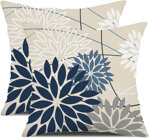 Blue and Gray Floral Pillow Covers 18x18 Set of 2 Outdoor Waterproof White Colored Decorative Throw Pillows Summer