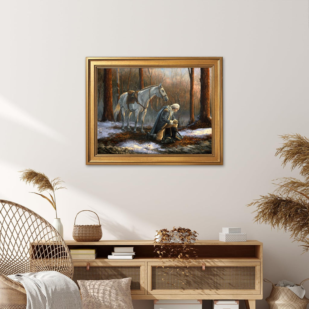 Gold Framed George Washington In Forge Valley Praying Wall Art A General Before His King Canvas Poster by Tim Davis