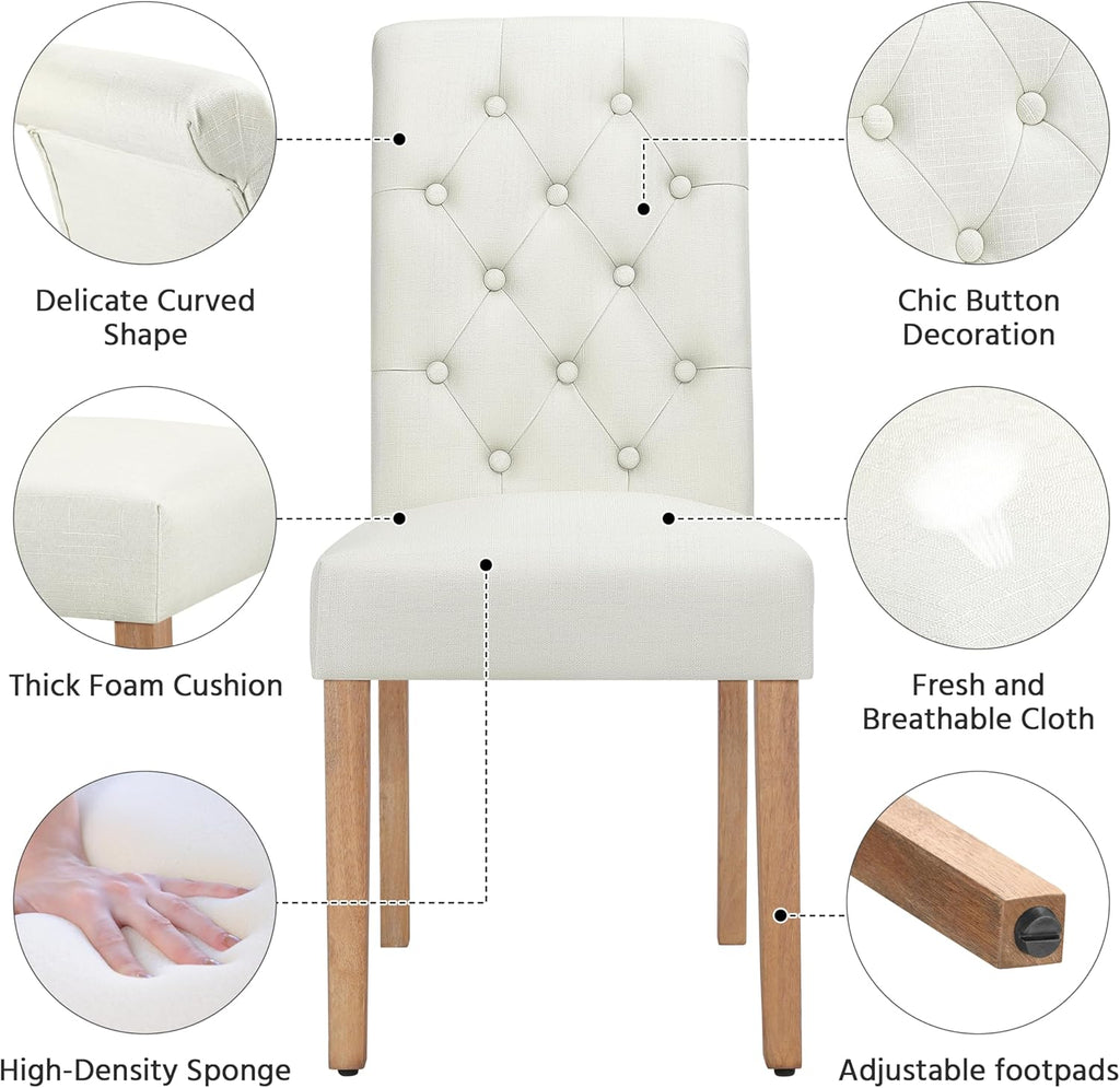Dining Chairs Set of 2 Fabric Upholstered Dining Room Chairs with Button Tufted High Back and Solid Wood Legs for