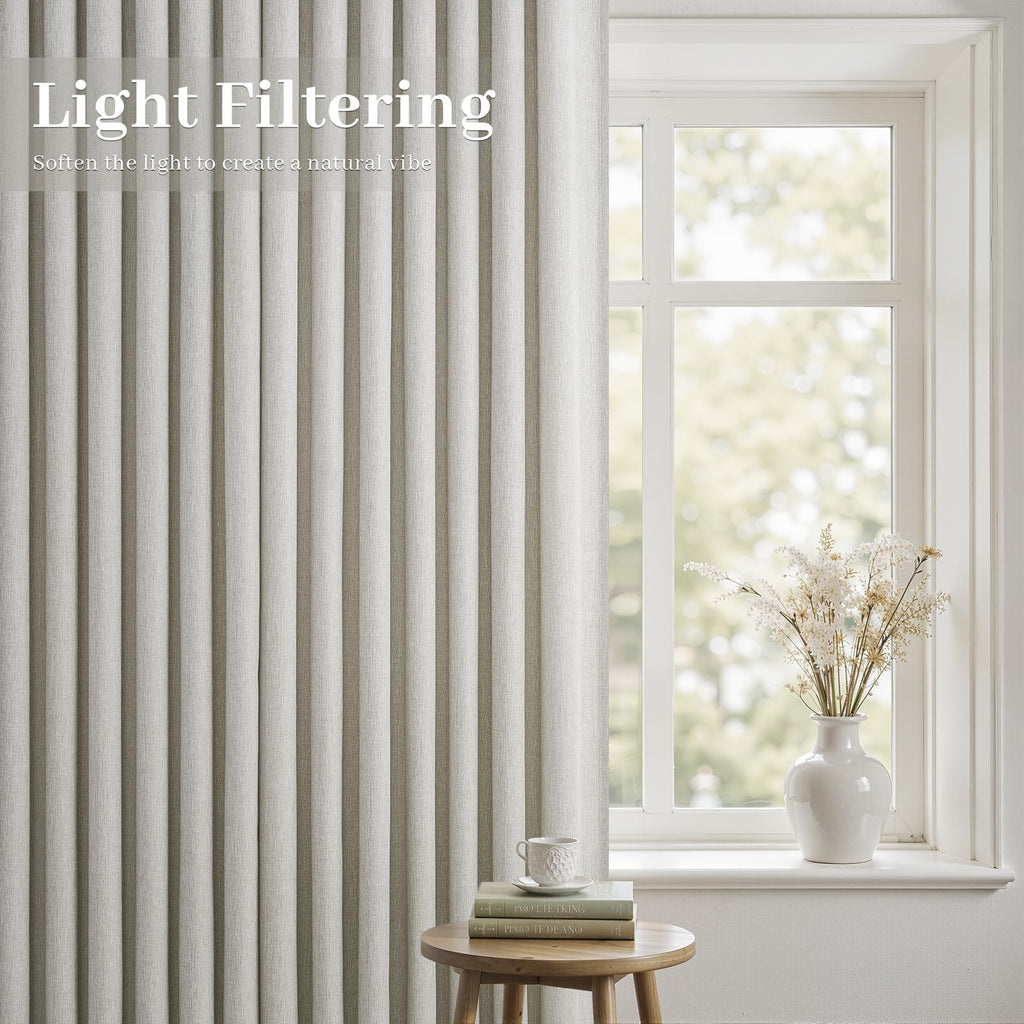 Grey Beige Pinch Pleated Linen Curtains 102 Inches Long 2 Panels