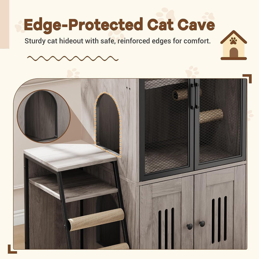Cat Litter Box Furniture, 2 Tier Enclosed Litter Box Furniture with Doors, Hidden Storage and Ladder, Grey