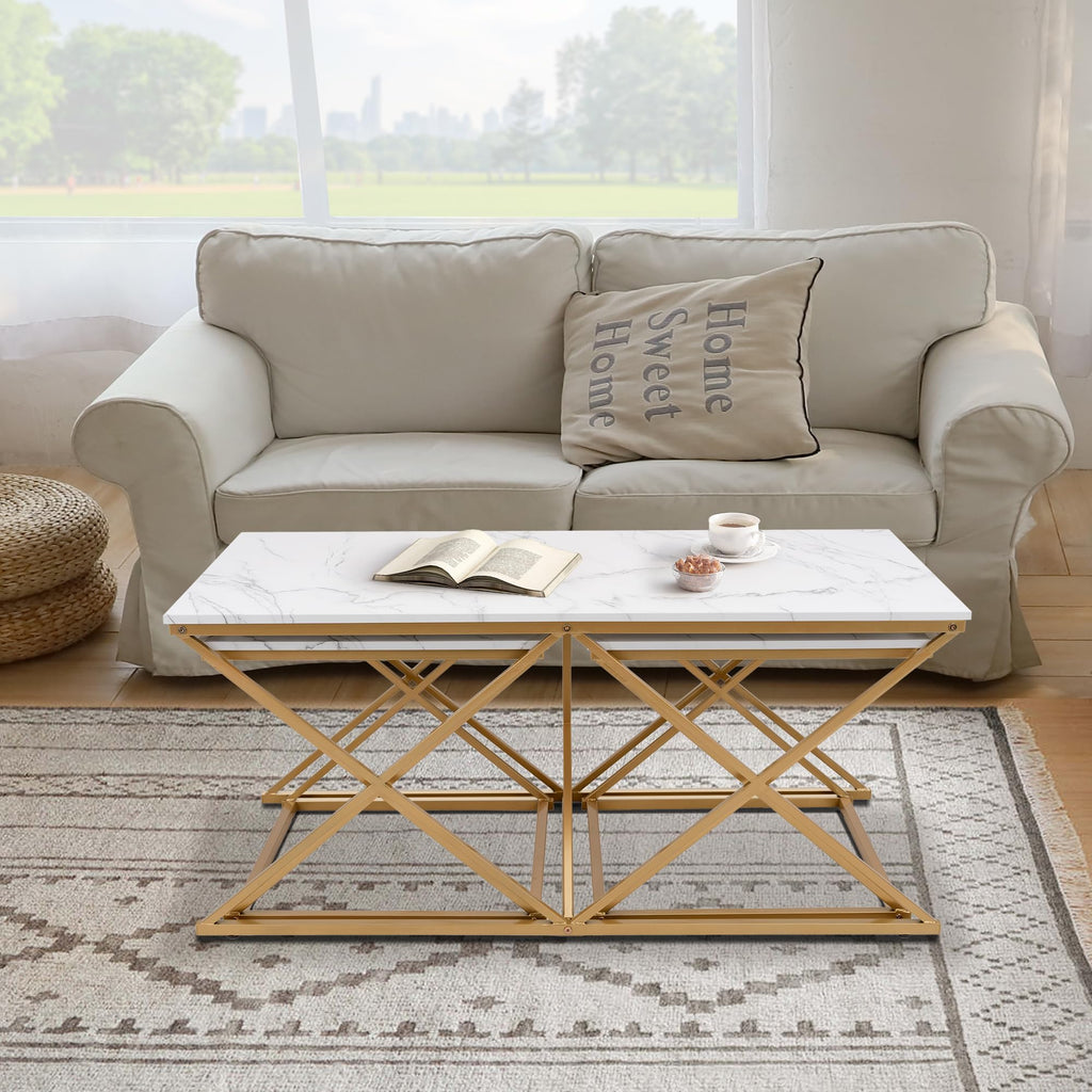 Modern Nesting Coffee Set of 3, Faux Marble Top with Golden Frame