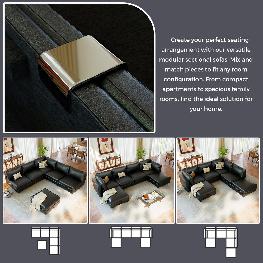 128" 6 Seat Modular Sectional Sofa, Convertible L & U Shaped Couch with Storage, Modern Leather Couch with Ottomans