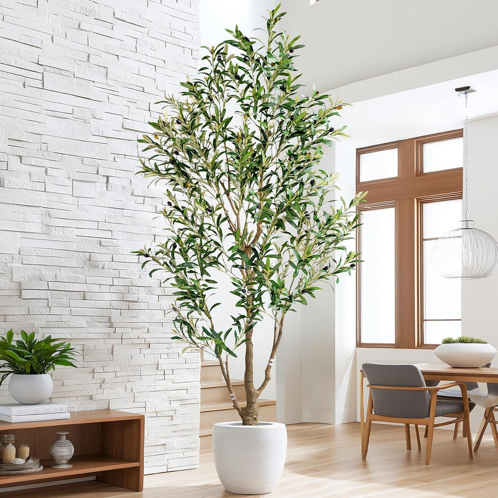 6ft Faux Olive Tree with White Pot & Moss, Artificial Olive Tree Indoor Outdoor, PE/PVC Leaves, Realistic Resin Trunk
