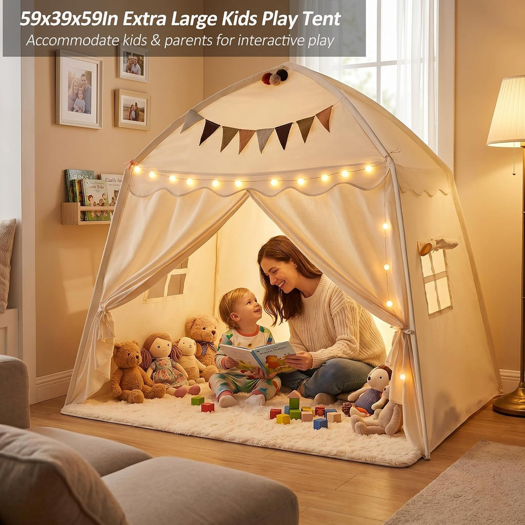 Extra Large Kids Play Tent Indoor: 59x39x59in with Mat Lights Flags Cream