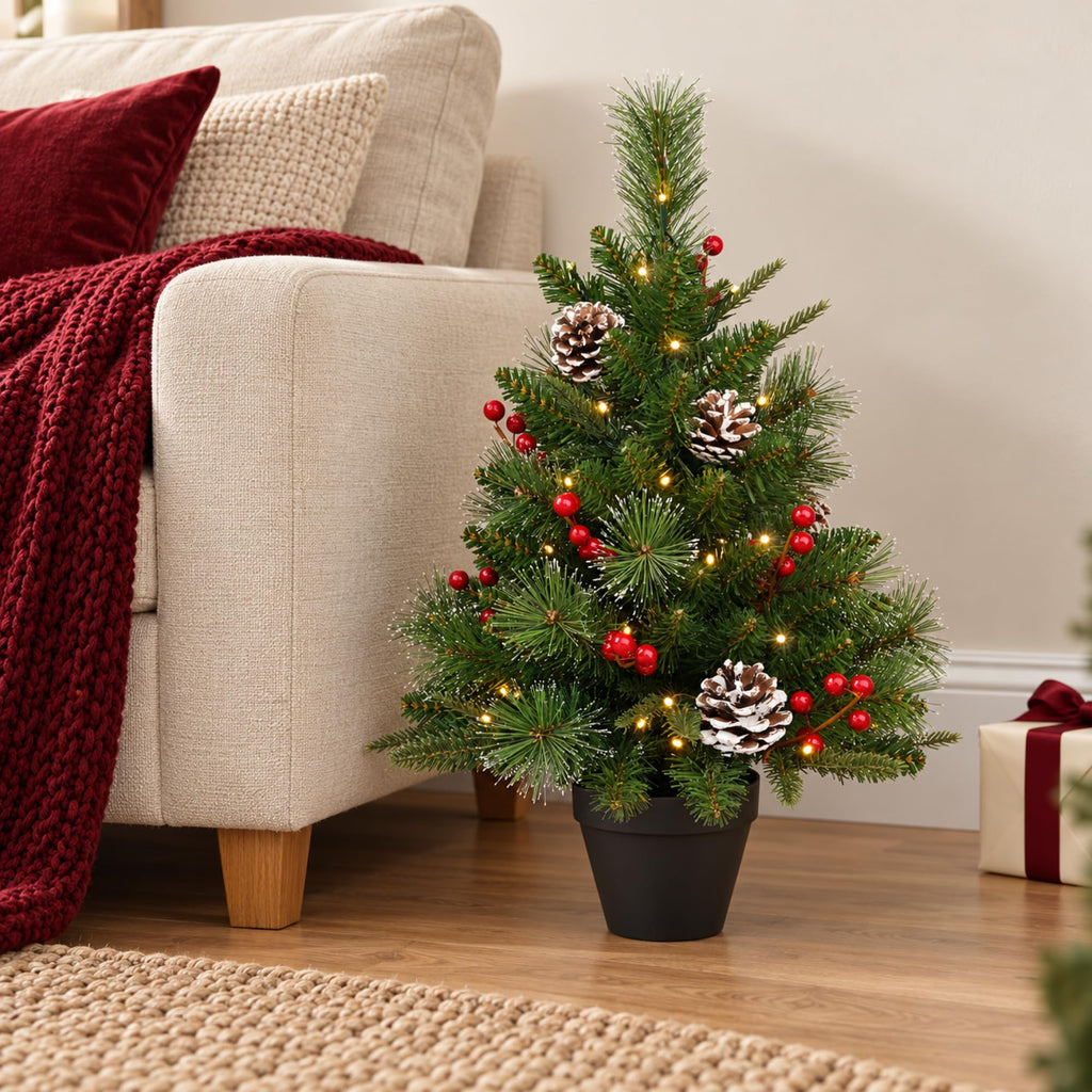 2Ft Pre-Lit Artificial Christmas Tree Tabletop with Battery Operated 50 Warm LED Red Berries Pine Cone Pine Needle