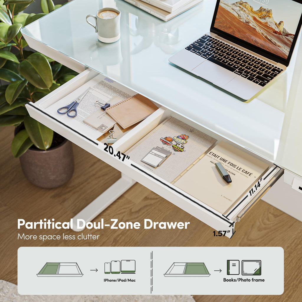 48 Inch One-Piece Standing Desk with Glass Top and Drawer, White