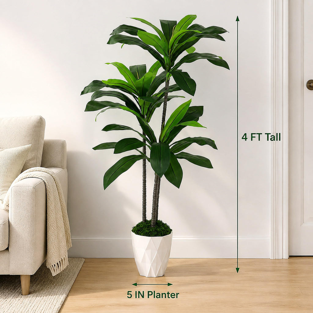 4FT Artificial Dracaena Tree with White Pot, Tall Fake Plants Indoor