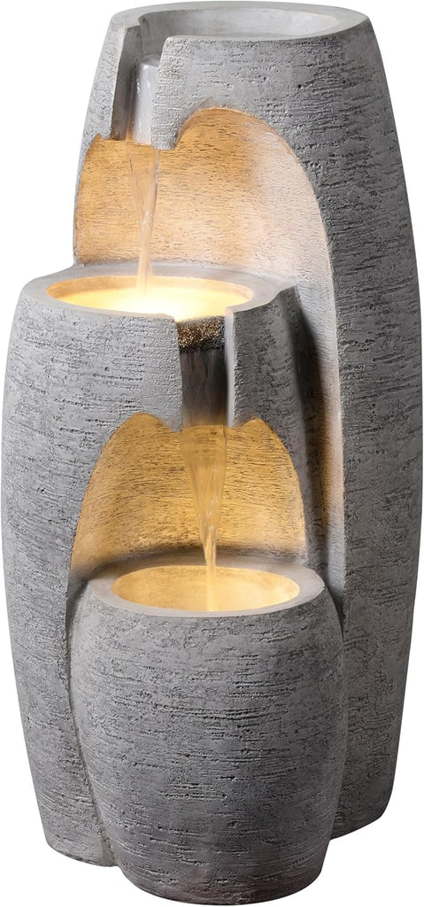 3-Tier Cascading Urn Outdoor Water Fountain - Warm Glow Lighting with Adjustable Flow & Electric Pump, Gray