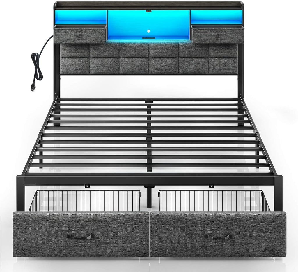 Bed Frame Full with Drawers and Charging Station, Upholstered Platform Bed with Storage Headboard and LED Light