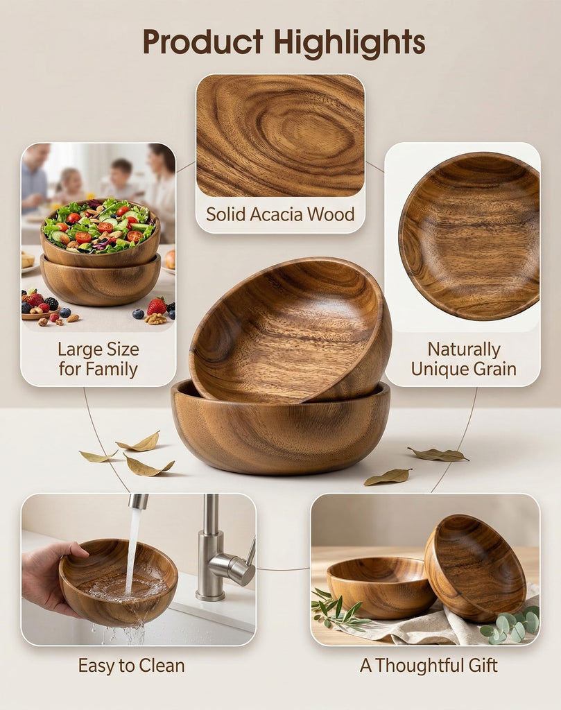 Wooden Salad Bowls Set of 2, Acacia, 8.6 Inch, 56 oz Each