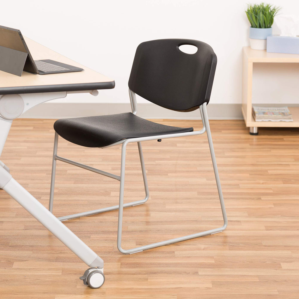 Commercial Furniture Heavy-Duty Plastic Stacking Chair, Black Seat w/Silver Mist Frame, (Pack of 4)