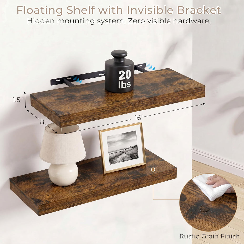 Deep Floating Shelves, 16 x 8, Rustic Brown, Set of 2
