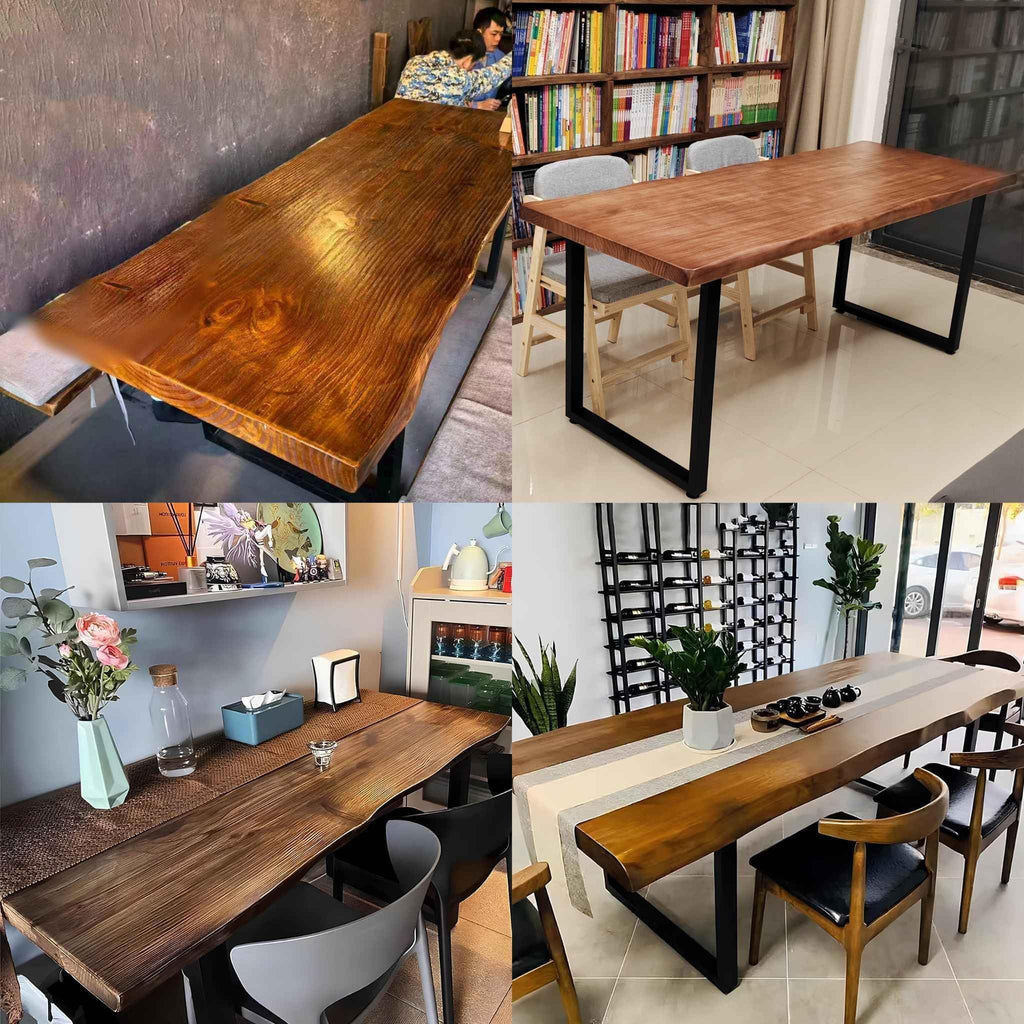 Industrial Solid Wood Dining Table, Rectangle Live Edge Kitchen Table, Rustic Pine Table Top & Metal Base, Large Long