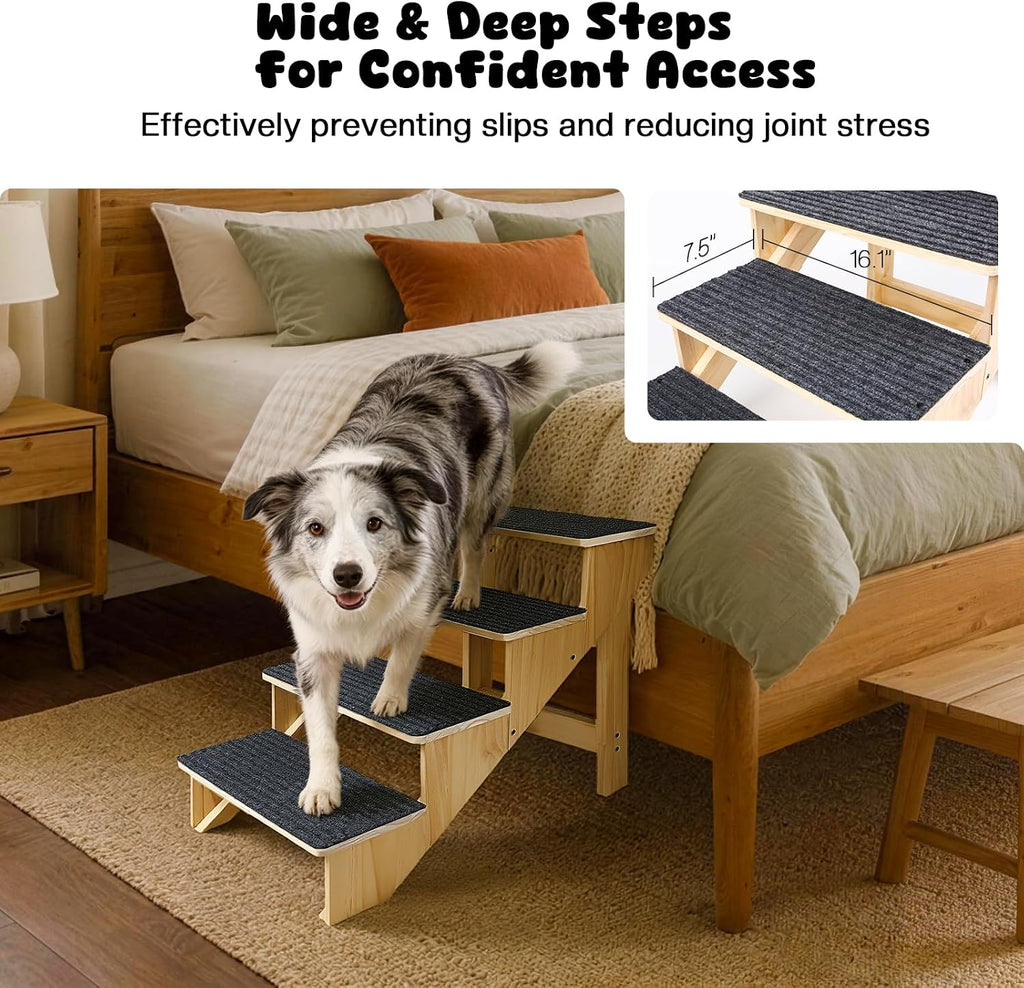 4-Step Dog Stairs for Large Dogs, Solid Wooden Dog Steps for Beds/Couch with Carpet, 19 Inches Anti-Slip Pet Stairs