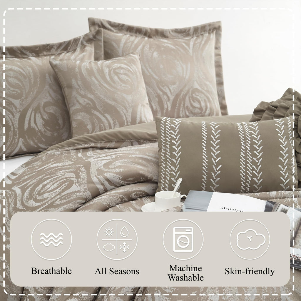 Taupe Comforter Set, 7 Pieces Jacquard Bedding Set, Floral Design, All Season, Matching Bedskirt, Pillows &