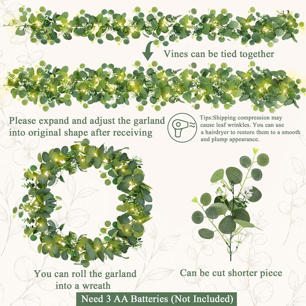 Artificial Eucalyptus Garland with Lights, 6FT Artificial Greenery Summer Garlands, Battery Operated Twig Vine - Set of 2