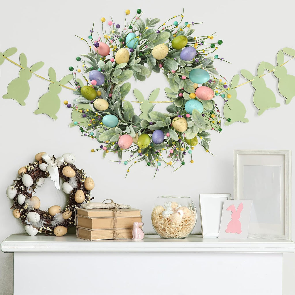 20 Inch Artificial Easter Wreath Spring Wreath with Colorful Eggs Berries Flocked Lambs Ear Leaves for Front Door