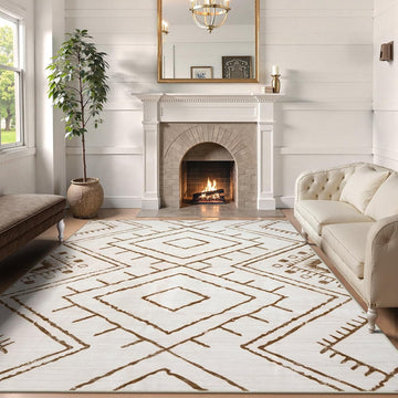 Moroccan 8x10 Area Rug, Beige Washable Rugs Bedroom, Non Slip Western Tribal Rug Low Pile Geometric Large Area Rugs