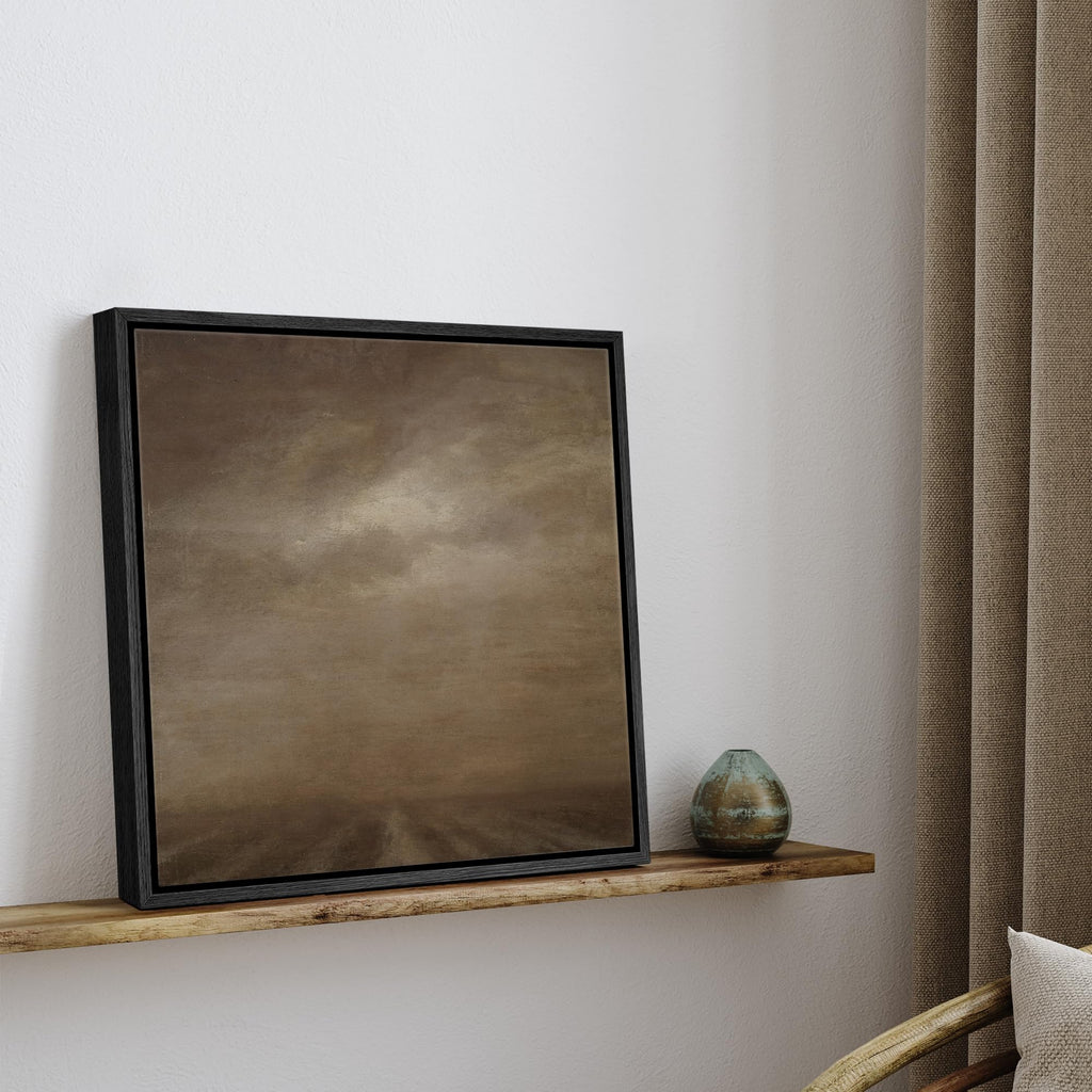 Framed Canvas Print Wall Art Misty Desert Horizon Earth Tone Landscape Illustrations Rustic Zen - 16"x16" Black