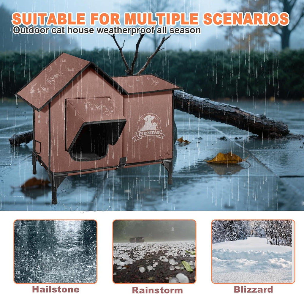 Large Heated Cat House for Outside 21x17x17 in with Elevated Base Cat-Attracting Eave Design Feral Stray