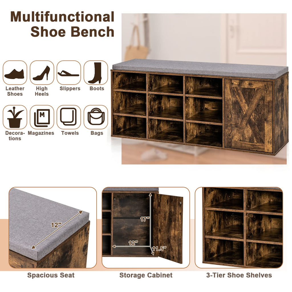 9 Cubes Shoe Bench with Storage, Adjustable Shelves Storage Bench Rack with Removable Padded Cushion, 3 Tier Shoe