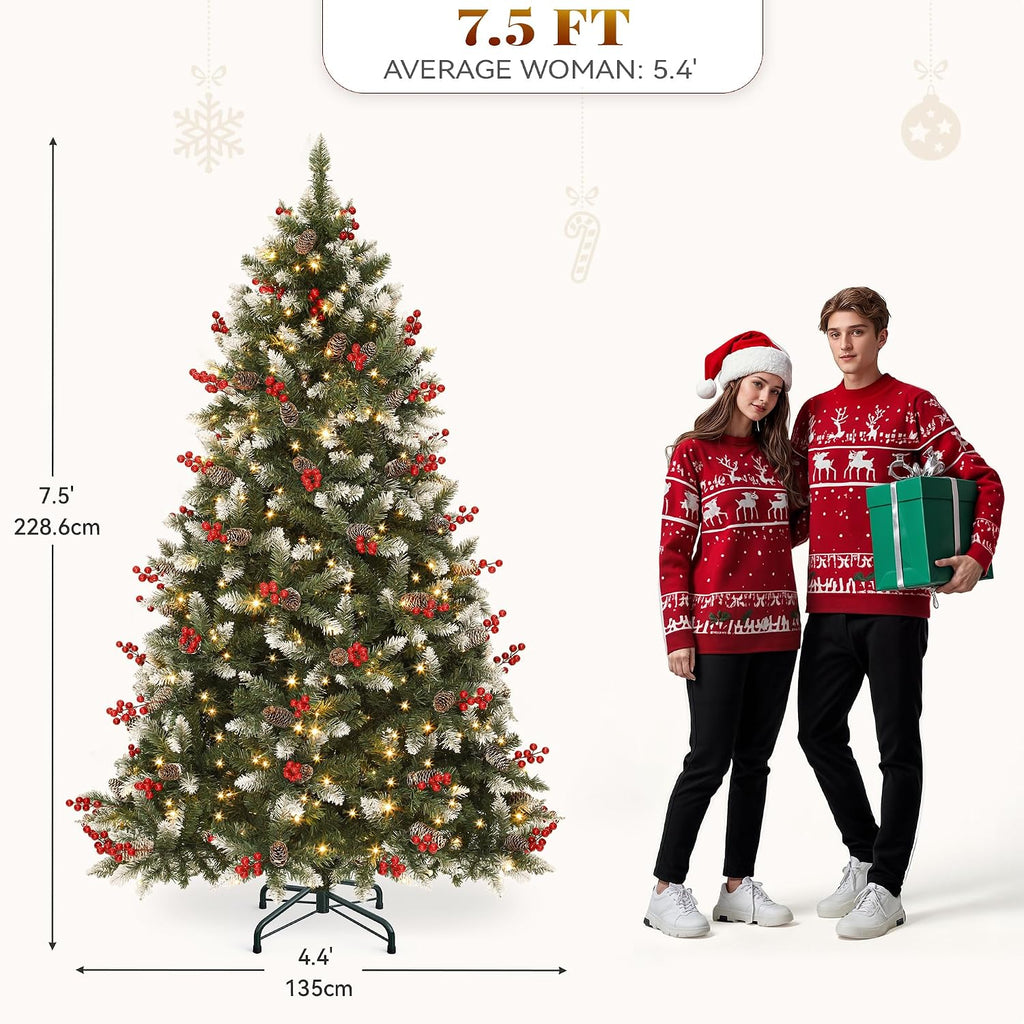 7.5ft Prelit Decorated Pine Christmas Tree w/Red Berries & Remote | Artificial Hinged Xmas Tree w/ 1398 Frosted Tips