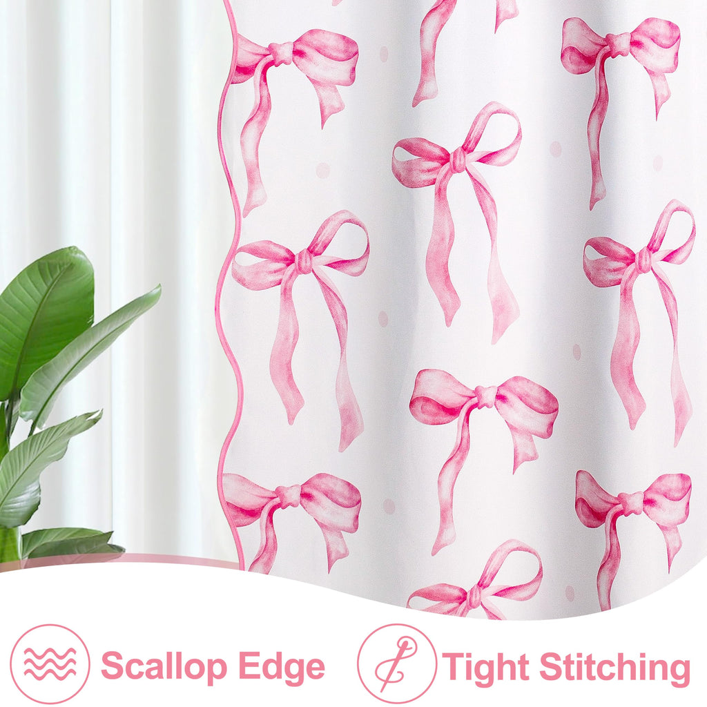 Girls Pink Bow with Scalloped for Preppy Bathroom Decor, Cute Ruffle Girly Shower Curtains, Coquettecute Chic Aesthetic