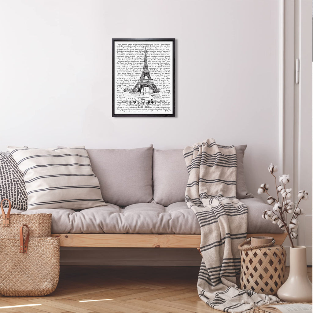 Custom Song Lyrics Paris Eiffel Tower Wall Photo or Canvas Prints with Couple's Names and Special Date on it, Perfect