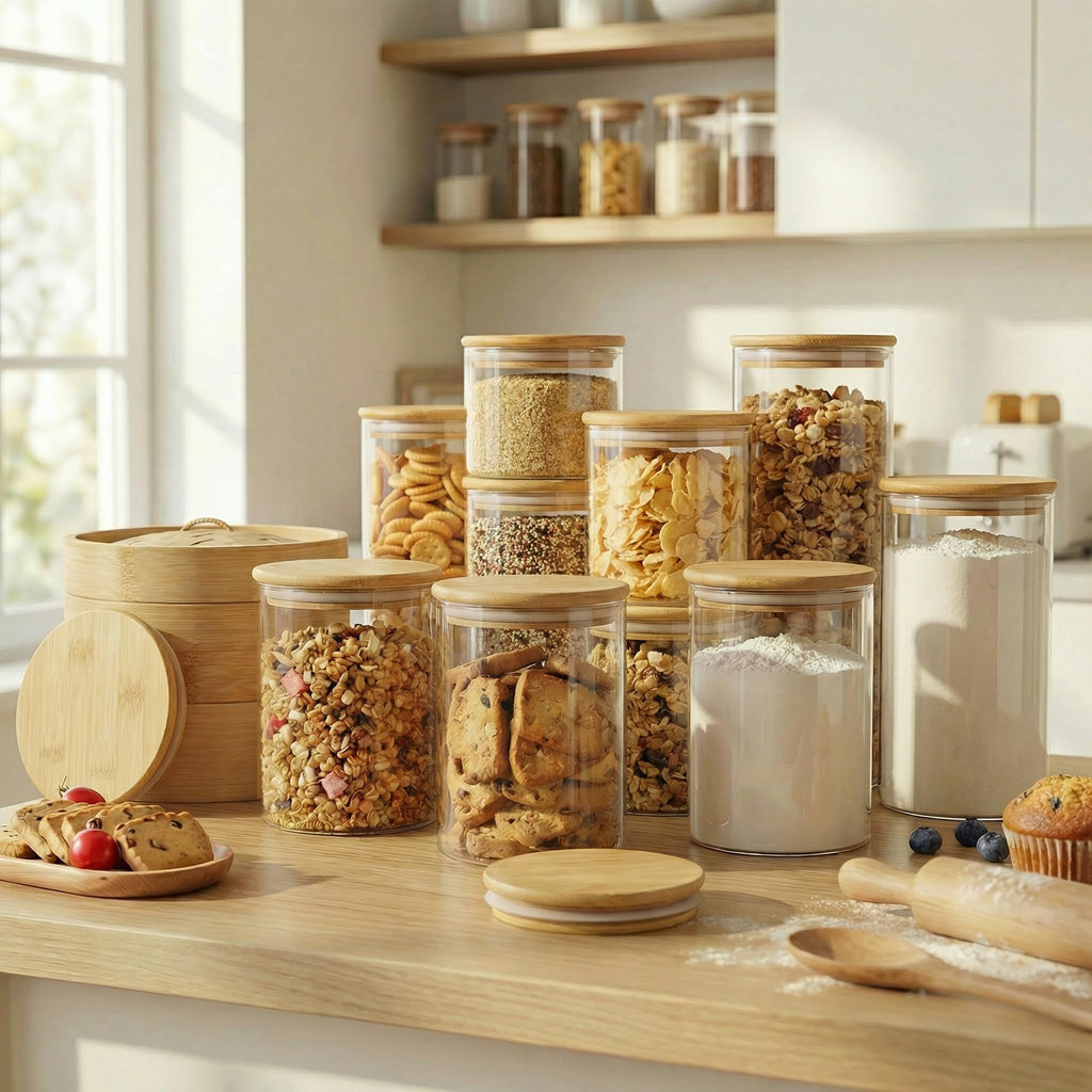 32 oz & 21 oz Round Glass Food Storage Containers with Bamboo Lids, 4 Pack