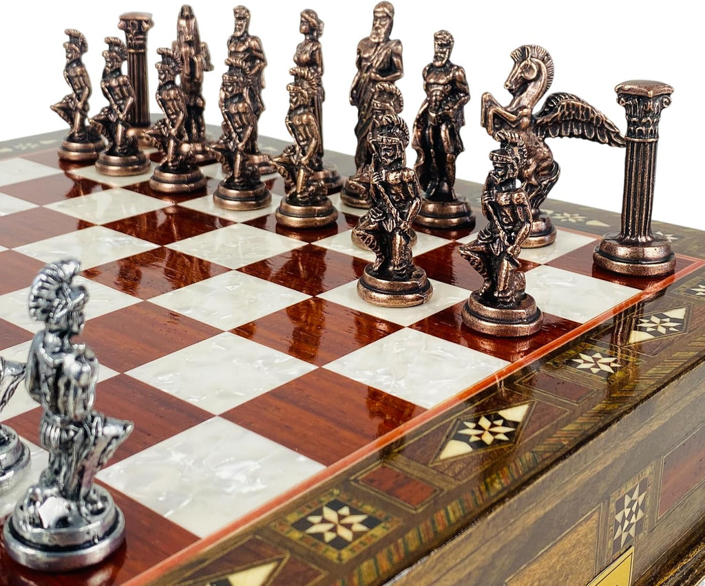 Premium Handmade Chess Set with Storage Drawer- Ancient Greek Mythology Themed Metal Chess Pieces- 15" Personalizable