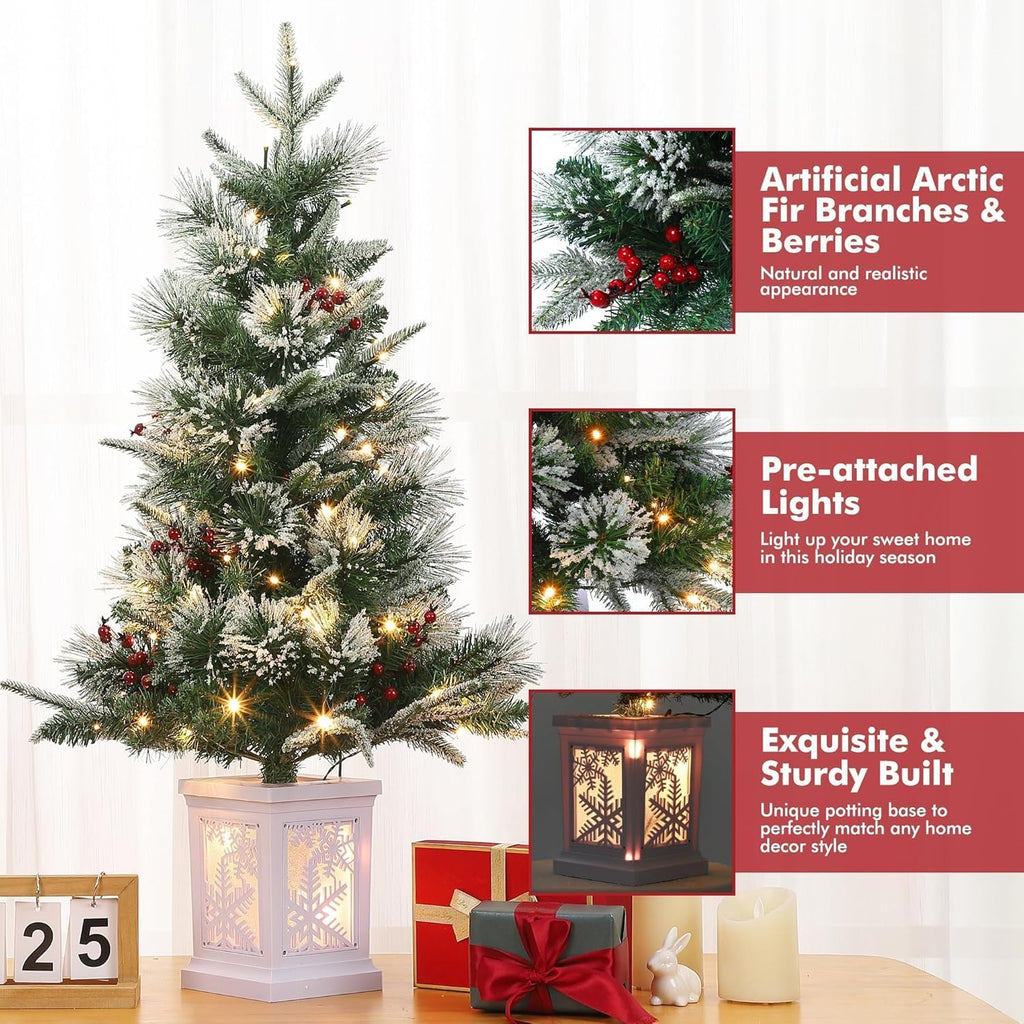 3 Ft Christmas Tree with Snowflake Base, Fiber Optic Light-Style Artificial Christmas Tree with 78 Led Lights, Red