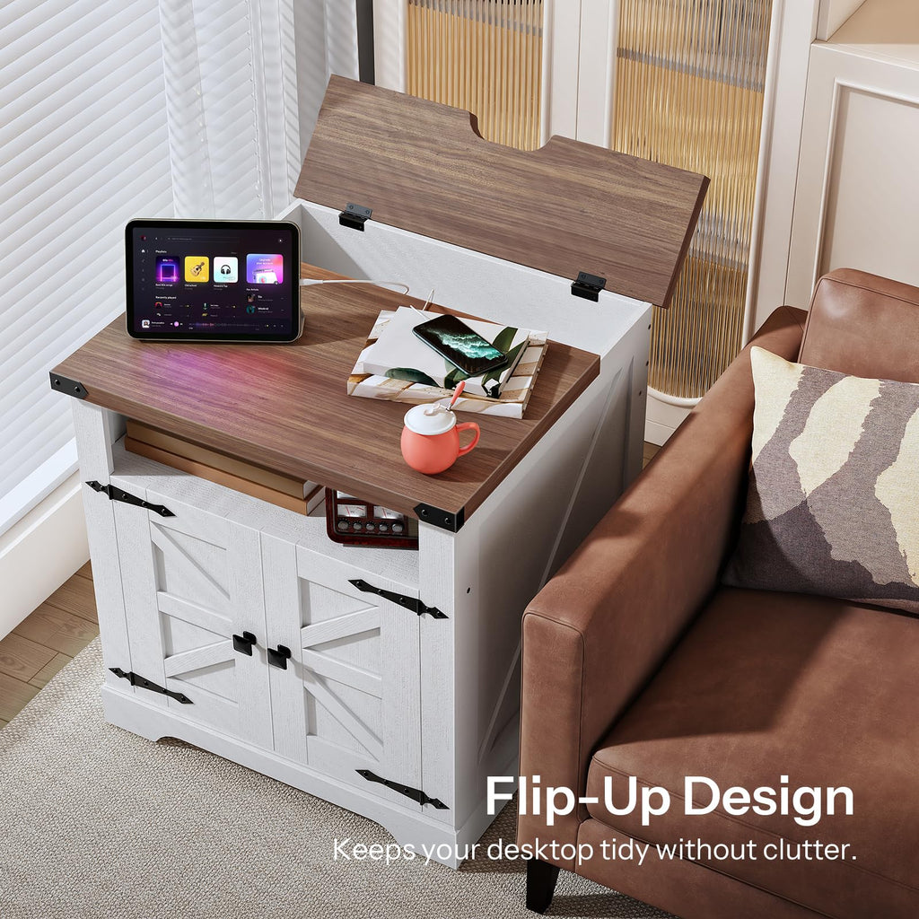 Farmhouse End Table with Charging Station, Large Side Table