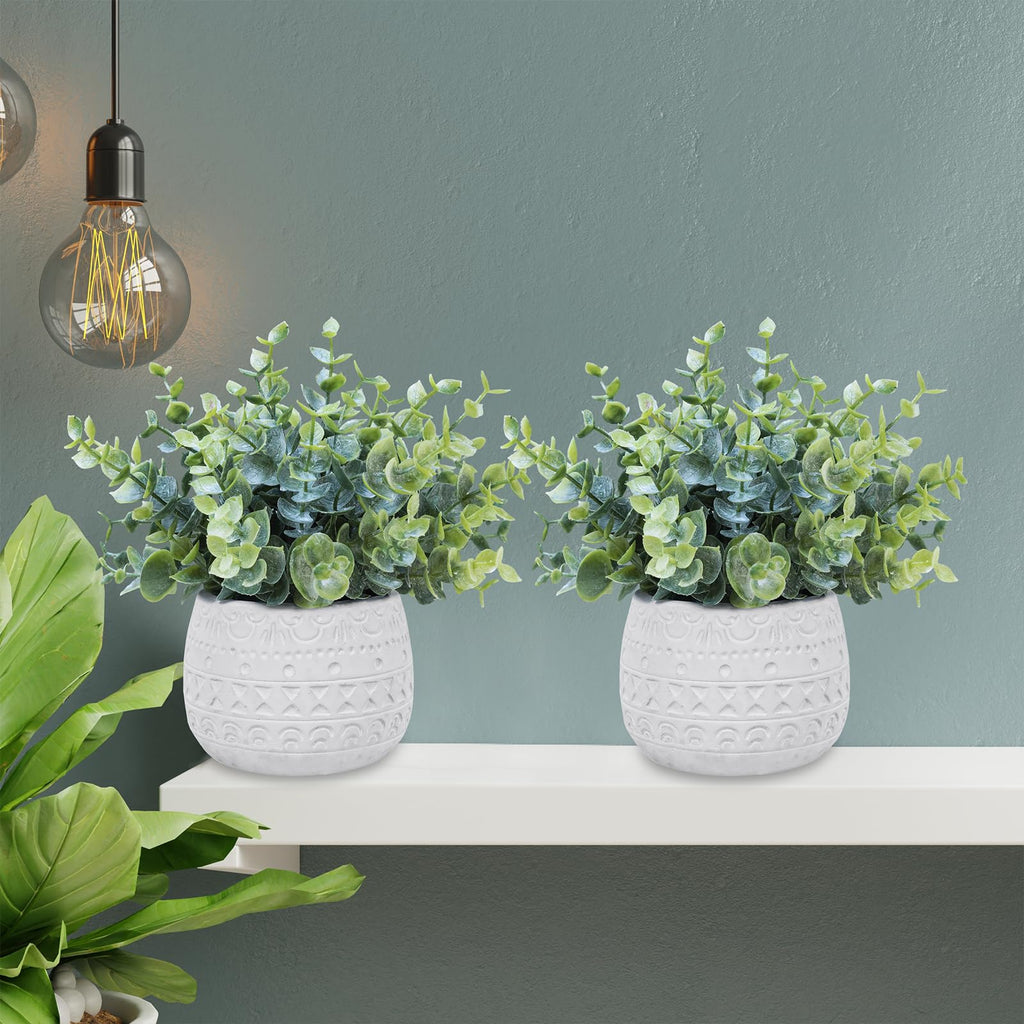 Set of 2 Small Artificial Potted Plants Faux Eucalyptus Plant in White Geometric Ceramic Pots Small Desk Potted