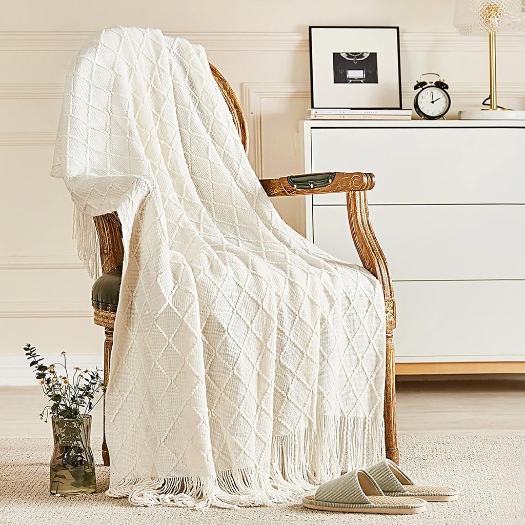 Knitted Throw Blanket, Soft Living Room Home Decor Knitted Blanket with Tassel, Outdoor Lightweight Breathable Summer