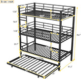 Triple Bunk Bed with Trundle Guardrail & Ladder Twin Metal, No Box Spring Needed, Easy Assemble