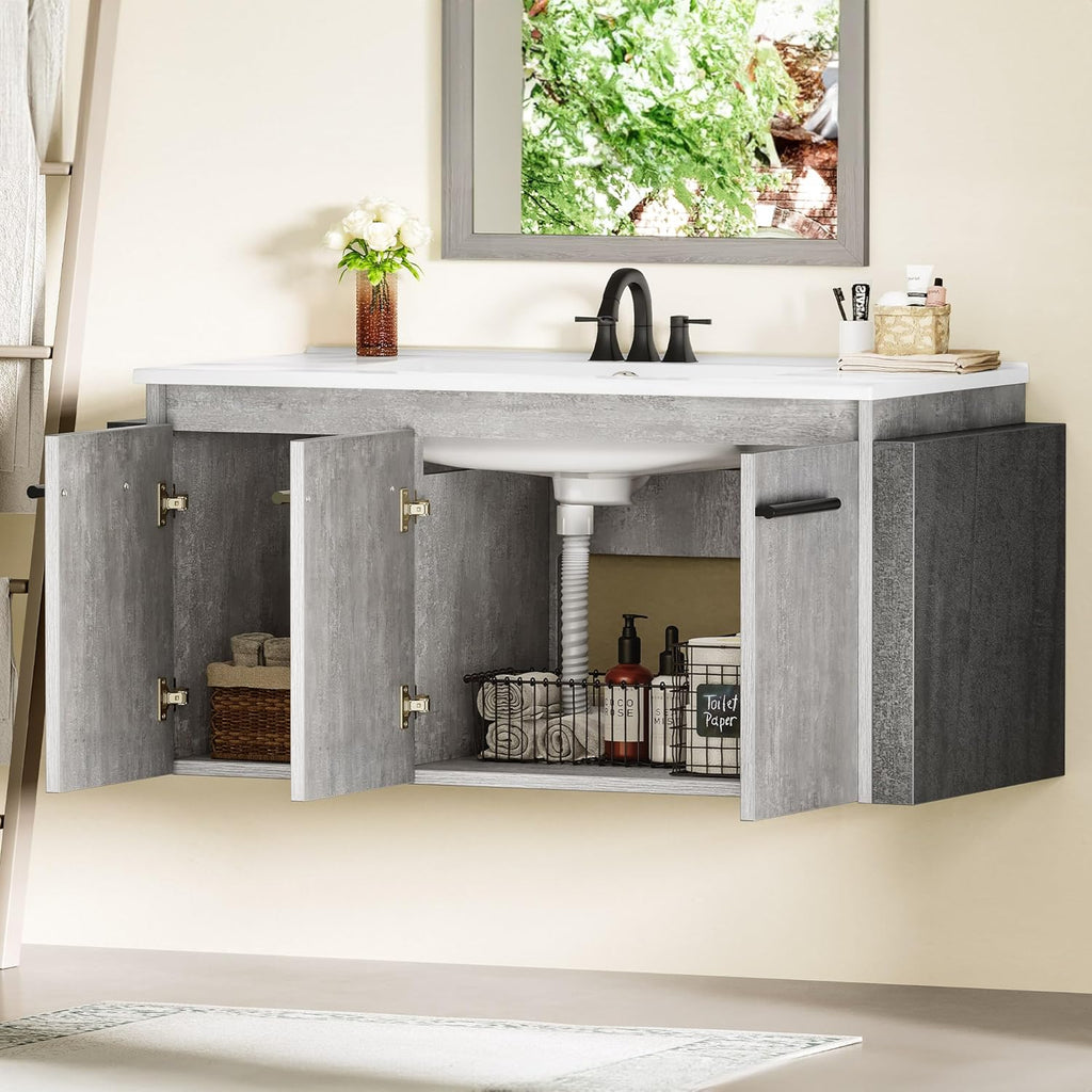 36" Modern Wall Mounted Bathroom Vanity with Sink - White & Gray Cabinet with 2 Soft-Close Doors