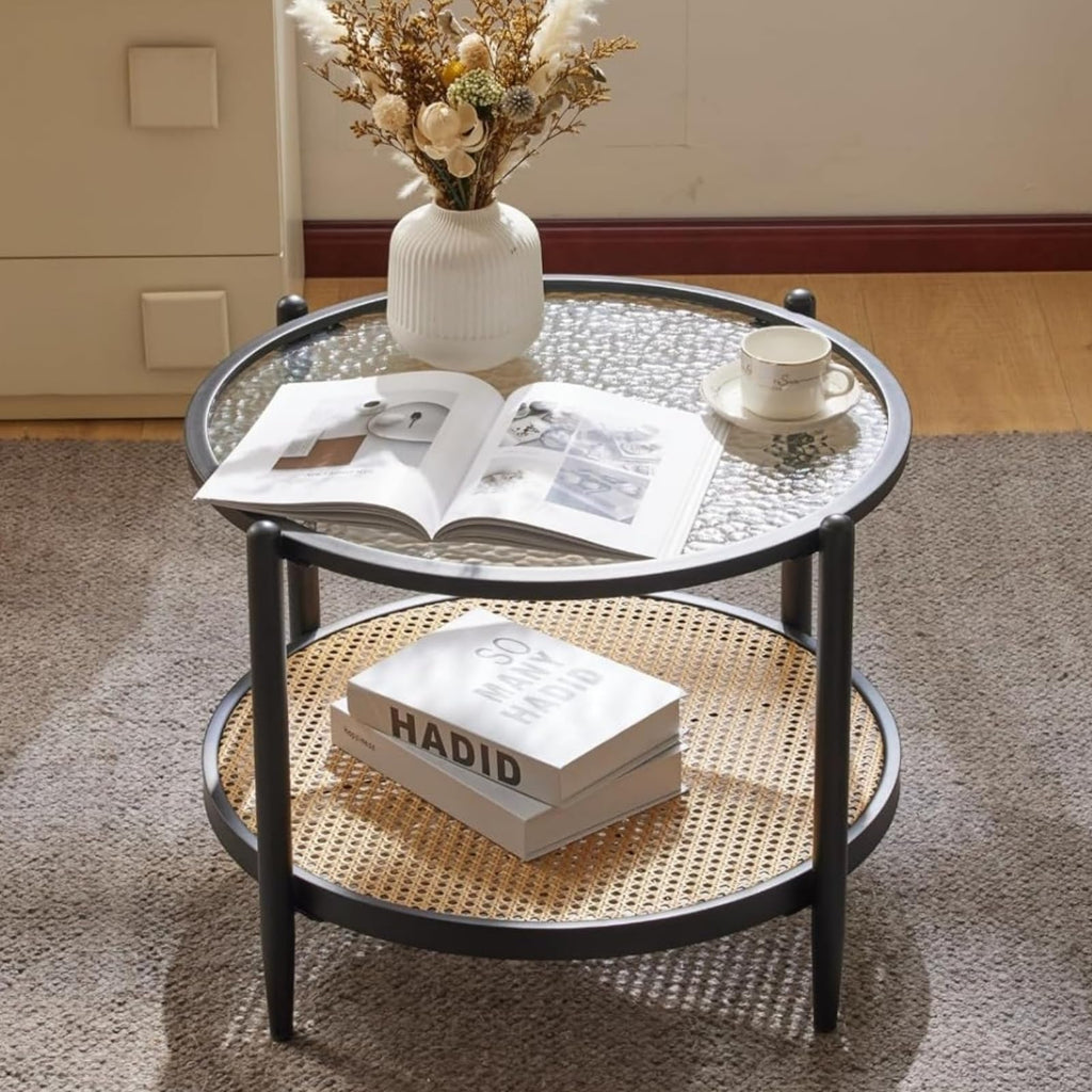 25.6" Round Glass Coffee Table, Rattan Coffee Table, Black