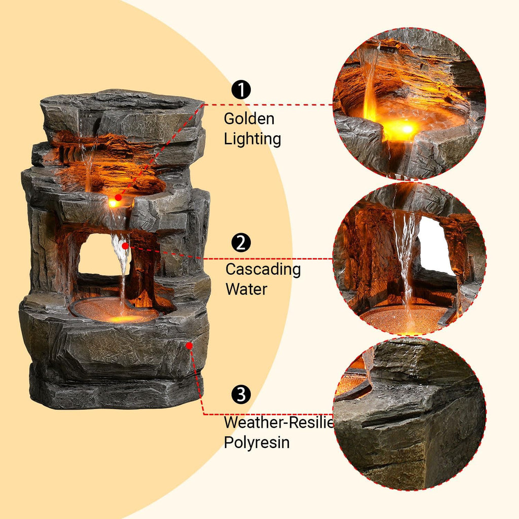 Outdoor Waterfall Fountain with LED Lights - 3-Tier Resin Rock Water Feature Patio Backyard, 21.5" Tall Fountain