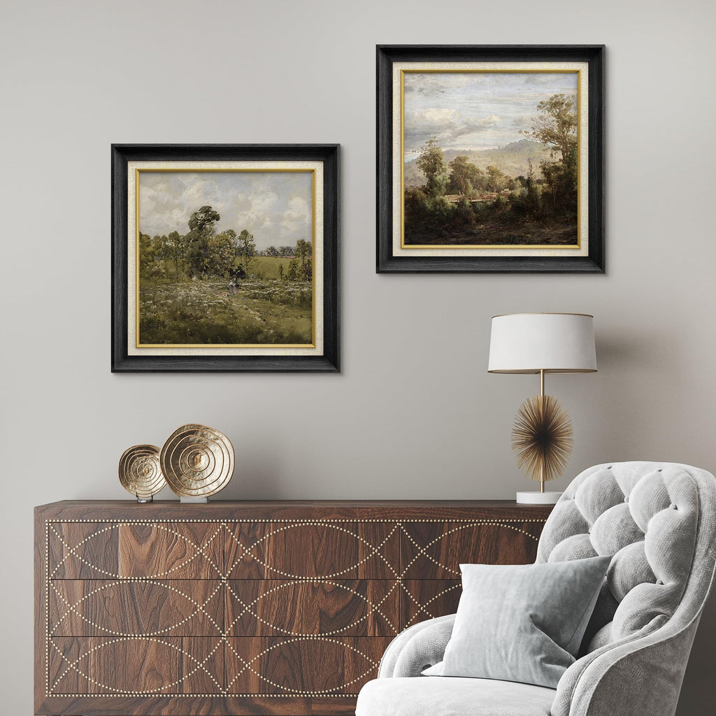 Premium Framed Wall Art Pastoral Landscape with Figure and Meadows in Classic Illustrations Fine Art Decorative Retro