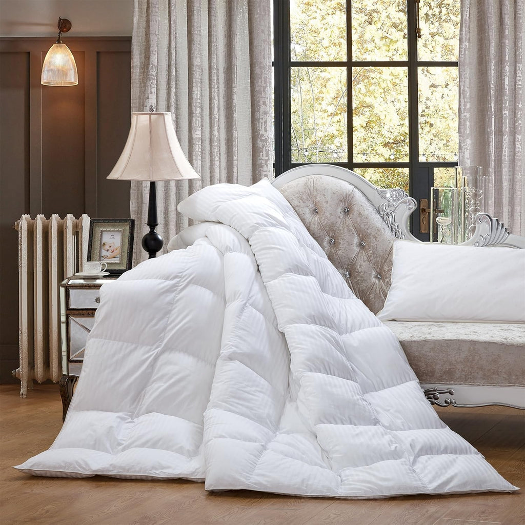 Luxurious All-Season Goose Down Comforter Duvet Insert, Exquisite Oversize Olympic Queen White Stripe Design, 98" X