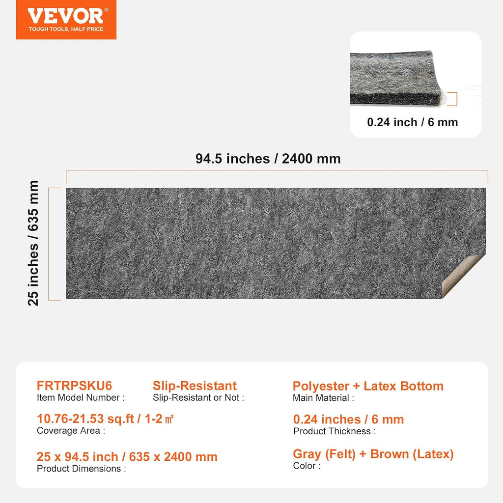 2' x 8' Non-Slip Rug Pad Gripper - 1/4" Thick Polyester Felt & Latex Backing Padding Cushion for Area Carpet Runner