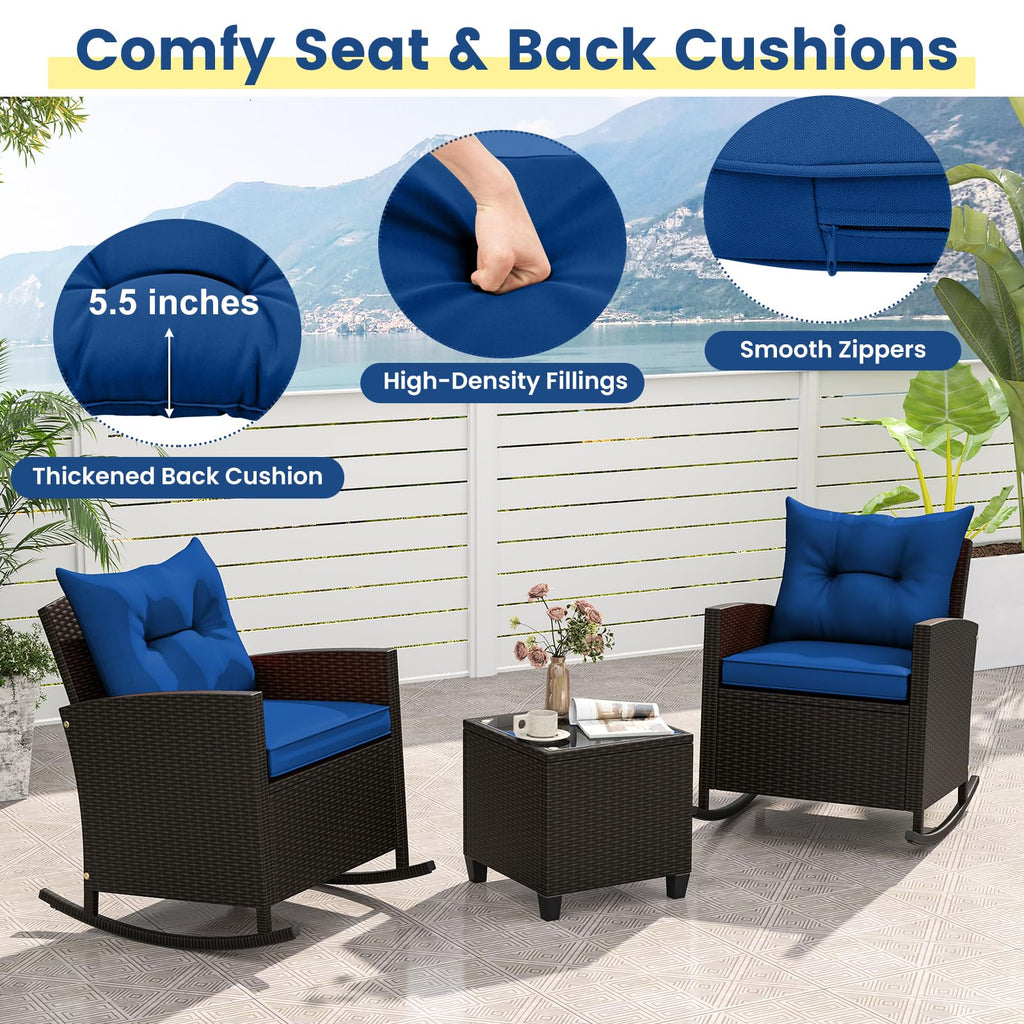 3 Piece Patio Furniture Rocking Bistro Set, Wicker Outdoor Rocking Chairs & Glass Table, PE Rattan Conversation Set