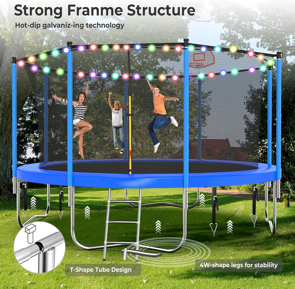 10 12 14 16FT Trampoline Outdoor, Light/Sprinkler/Basketball Hoop | Large Recreational Trampoline for Kids and