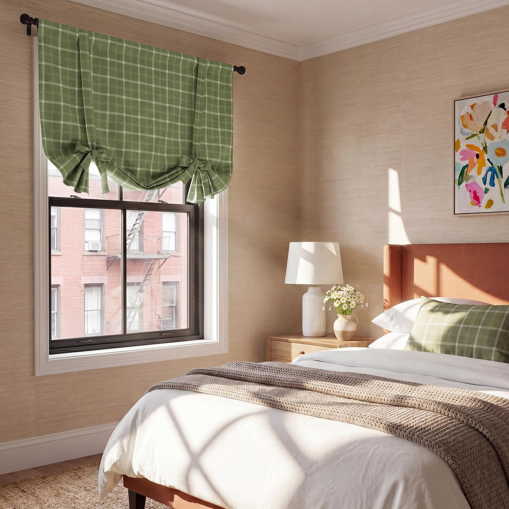 Green Plaid Ballon Shade 100% Blackout Kitchen Curtain, 46x63, 1PC