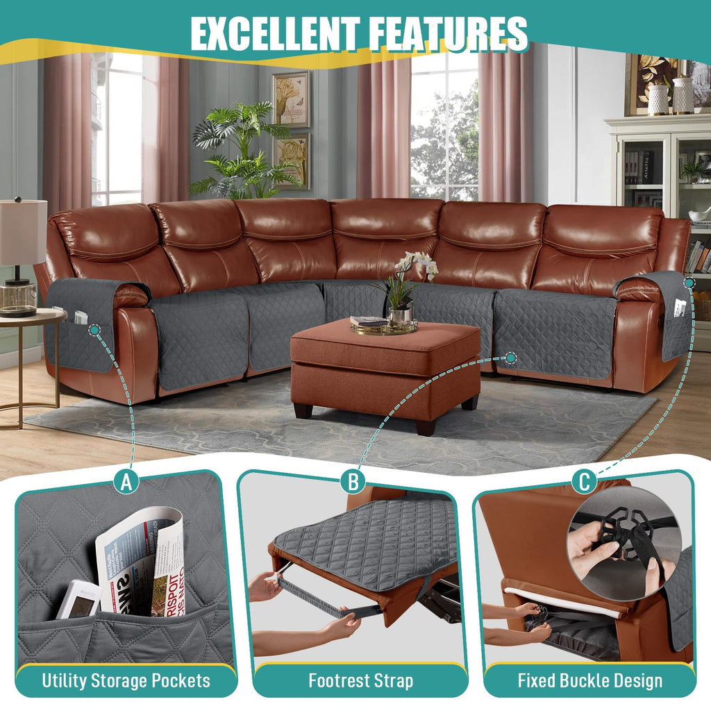 Waterproof 5-Piece Recliner Sectional Sofa Cover, Dark Grey